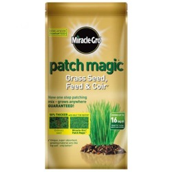 Miracle-Gro Patch Magic Grass Seed, Feed & Coir contains a special binder which helps keep seed from washing away.